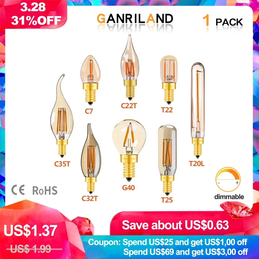 Us 1 59 20 Off Ganriland Led E14 Dimmable Gold Mini Tubular Chandelier Night Lamp 0 5w 1w 2w 2200k E12 220v Vintage Filament Light Bulbs In