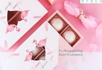 

Pink color Flamingo pattern MoonCake box , sugar candy biscuit paper box with heart shape window,snacks Packaging gift Boxes10