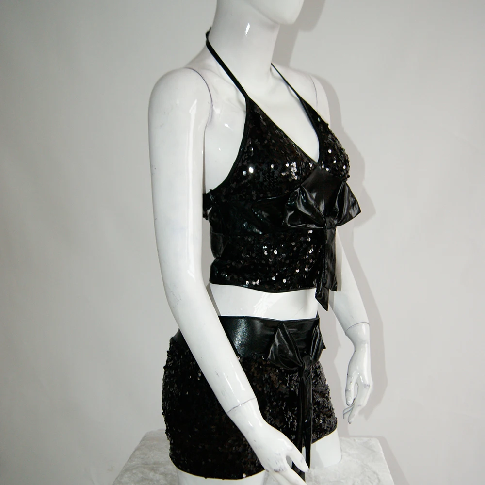 2 Pcs Clubwear Sexy Outfits Black Halter Shiny Sequin Mini Dresses Women Pole Dancing Club Party Dress Robe Femme (2)