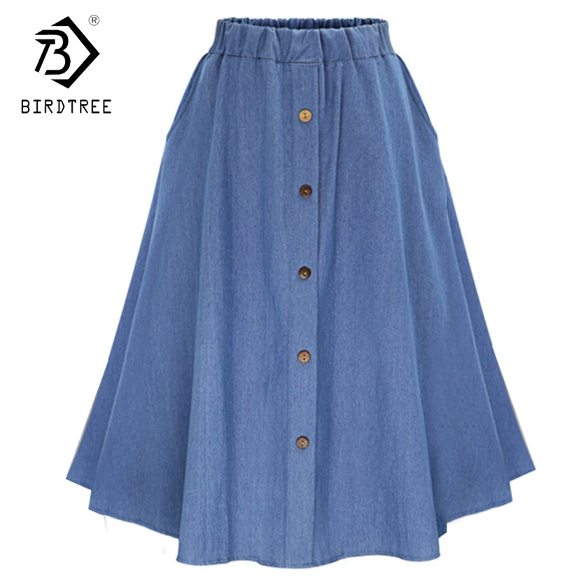 Модная Корейская опрятный стильный джинсовый женский сплошной цвет длинная юбка с естественной талией Женская Повседневная джинсовая юбка с большим подолом на пуговицах B81811A