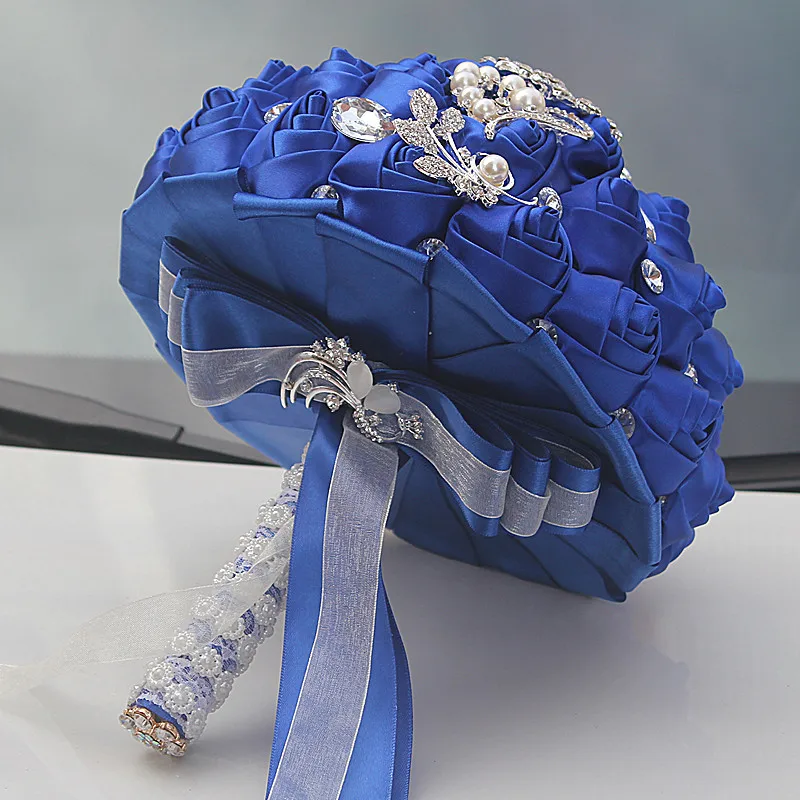 JaneVini Романтический искусственного кристалла жемчугом Свадебные букеты Свадебные аксессуары Королевский синий атласные розы Whote для