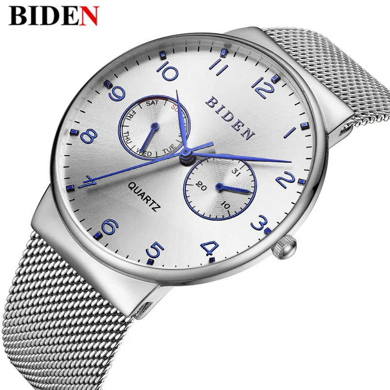 

BIDEN New Arrival Stainless Steel Mesh Strap Mens Watch Date Week Sport Quartz Watch Men Thin Dial Design Simple Wristwatch Male