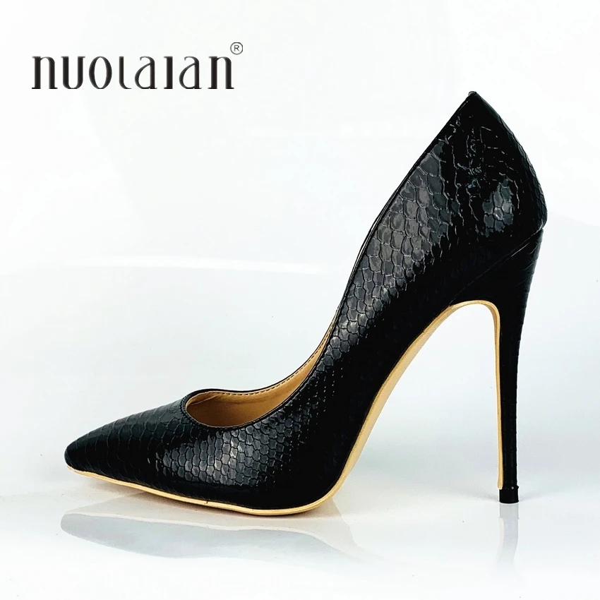 Women High Heel Shoes Black Snake Printed Shallow Shoes Woman Sexy Stilettos High Heels 12cm/10cm/8cm Pointed Toe Women Pumps
