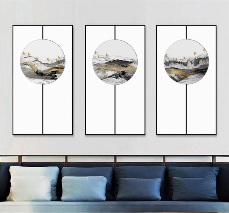 New Chinese Style Flying Bird Golden Mood Landscape 3 Pieces Decorative Paintings Wall Art Canvas Pictures for Room No Framed | Дом и сад