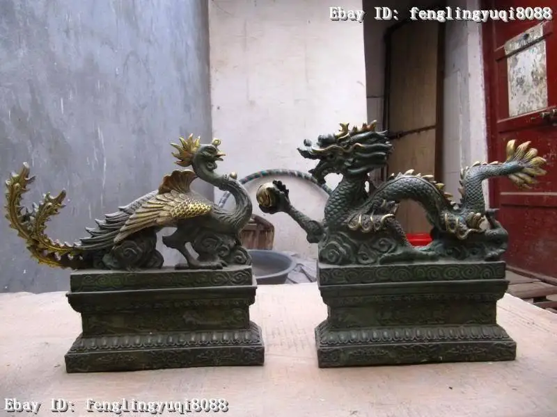 

8 INCH China Regius Palace old Bronze gilt Dragon phoenix Bird Play Bead Pair