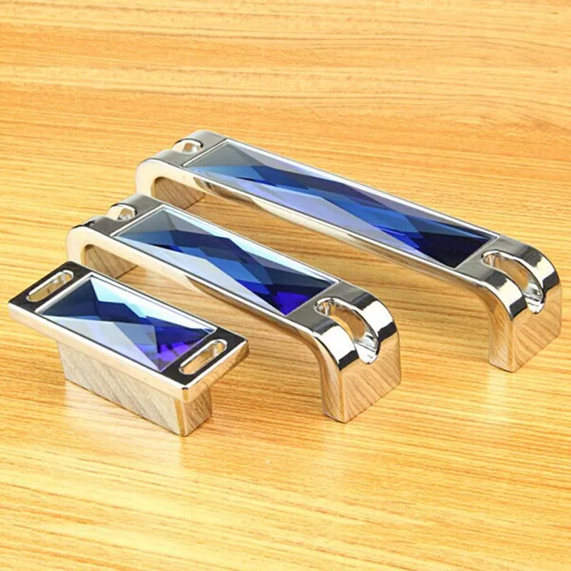 

160mm 128mm top quality deluxe K9 blue crystal wardrobe wine cabinet dresser door handle silver chrome drawer tv table knob 5"