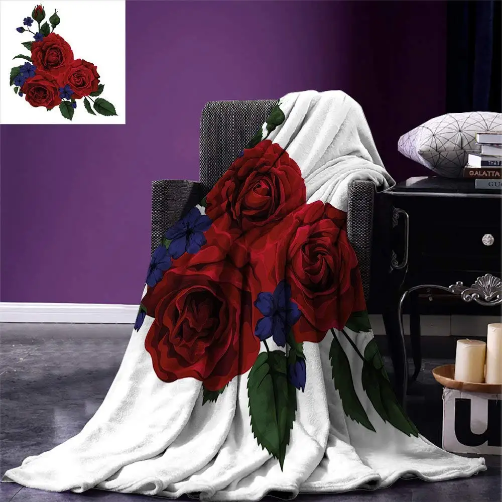 

Rose Throw Blanket Blooming Red Roses with Gentle Wild Flowers Leaves Bouquet Corsage Fleece Blankets for Beds