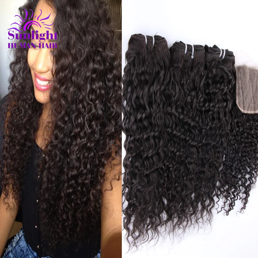 Unprocessed Virgin Peruvian 1Pcs Free Part Lace Closure With 3Pcs Curly Hair Bundles Peruvian Virgin Hair Deep Wave 8-30inch