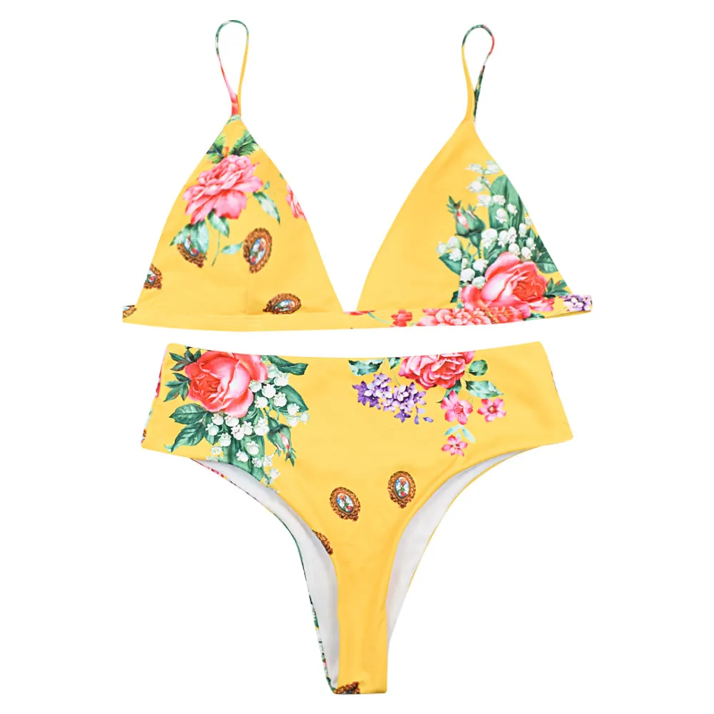 Bright Yellow Цветочный принт с открытой спиной, пикантный стильный женский купальник бикини, купальник, женские бикини, комплект для плавания, пляжный купальный костюм - Цвет: Bright Yellow