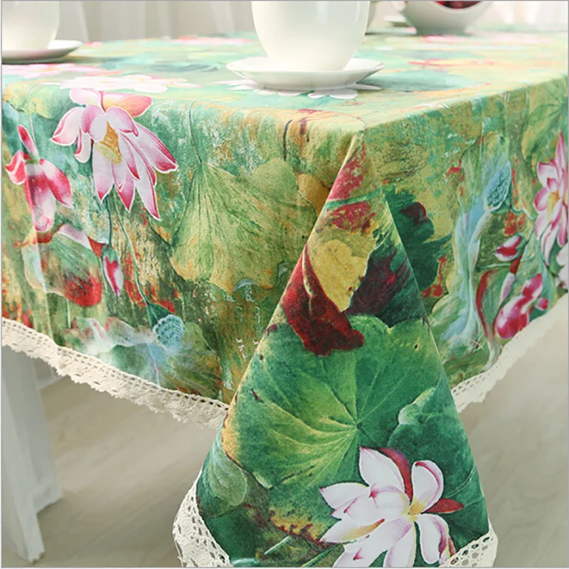Traditional Chinese Green Table Cloth Printed Lotus Tablecloths Lace