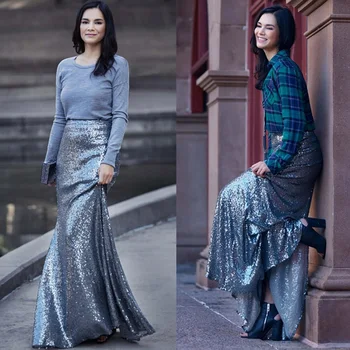

Fashion Sequins Mermaid Women Skirts Gray Floor Length Formal Evening Prom Party Skirts Custom Made Zipper Up
