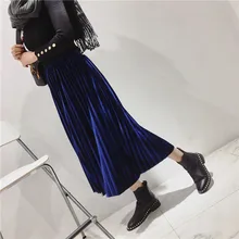 Осень Зима Высокая талия плиссированная юбка чистый цвет длинные юбки Джокер восстановление древних способов эластичный пояс золото Вельветовая юбка