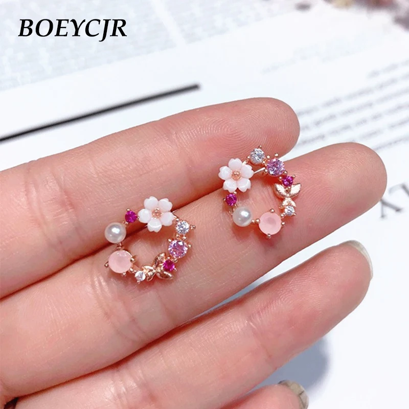 

BOEYCJR Shell Flower Simulated Pearl Rhinestone Stud Earrings Handmade Fashion Jewelry Round Earrings for Women Gift 2019