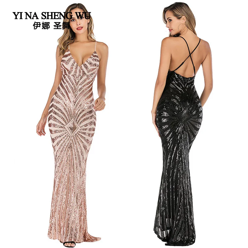 Women Sling sexy backless long dance clothing V-neck dress High quality Club irregular fish tail dresses ballroom dance dress