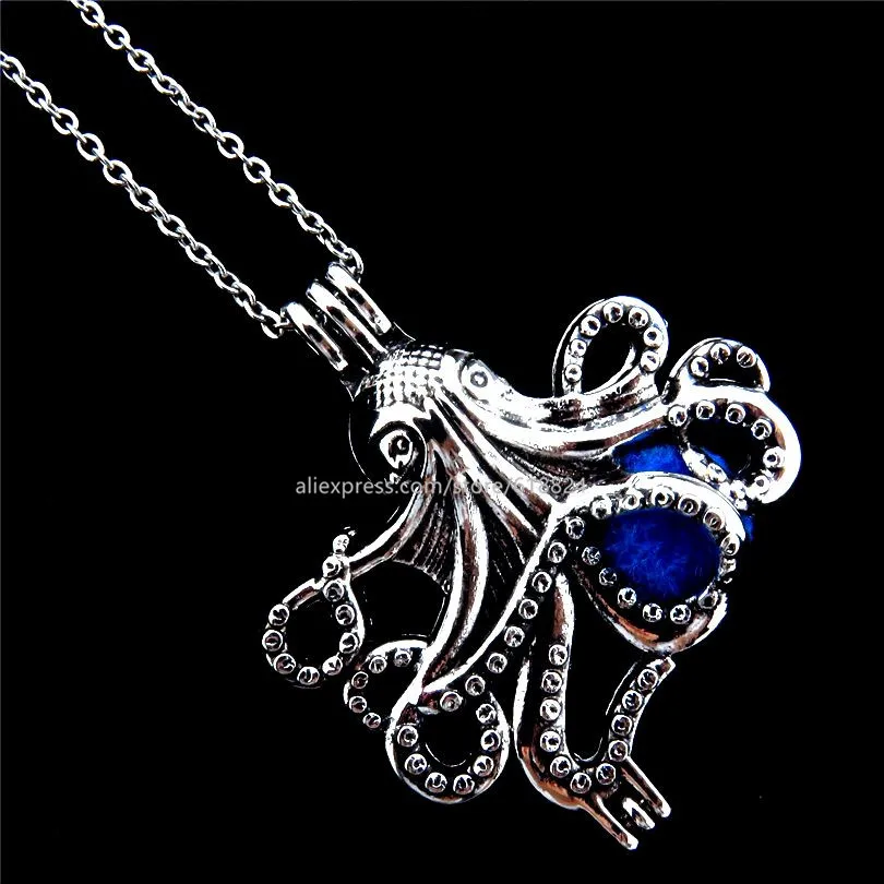 Trendy Sea Animal Octopus Locket Necklace Beads Cage Aromatherapy Essential Oil Diffuser Vintage Pendant R-V184 | Украшения и