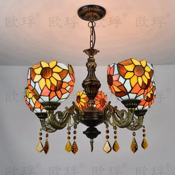 

Tiffany sunflower Stained Glass Suspended Luminaire E27 110-240V Chain Pendant lights for Home Parlor Dining Room