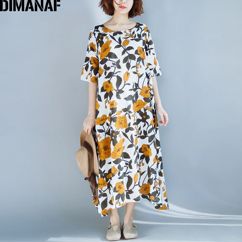 

DIMANAF Women Dress Summer Beach Plus Size Linen Fashion Floral Print Casual Female Sundress Vestidos Loose Large Clothing 2018