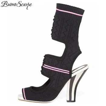 

BuonoScarpe Hollow Out Knitting Women Boots High Heels 10cm Strange Zebra Heels Sexy Ankle Boots Peep Toe Big Size Stretch Boots