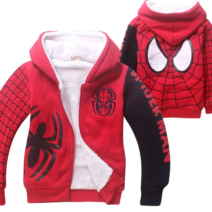 Зимняя одежда для мальчиков; детская хлопковая куртка; красный и черный костюм Человека-паука; бархатное пальто кораллового цвета с рисунком Человека-паука; детская одежда