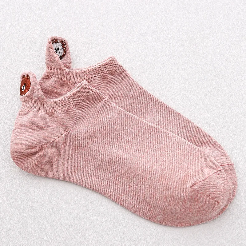 5 пар, женские короткие носки, летние хлопковые носки с вышивкой медведя, новинка, модные женские носки в Корейском стиле - Цвет: Розовый