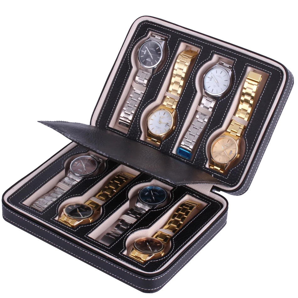 

FANALA 2/8 Grids Watch Box PU Leather Watches Display Box Case Tray Zipper Caja Reloj for Wrist Watch Jewelry Boite Montre