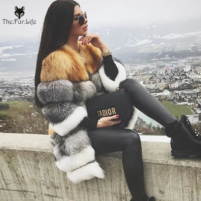 

Furealux Luxury New Style Real Red Fox Fur Coat With Silver Fox Fur Jackets For Women Warm Natural Fur Coats