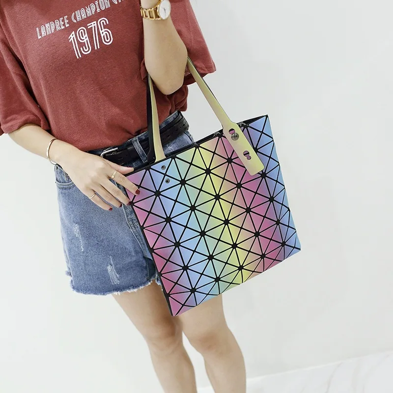 

Japan bao Women Luminated Pearl Laser Sac Bags Diamond Tote Geometry Quilted Multicolor Shoulder Folding holographic Handbags