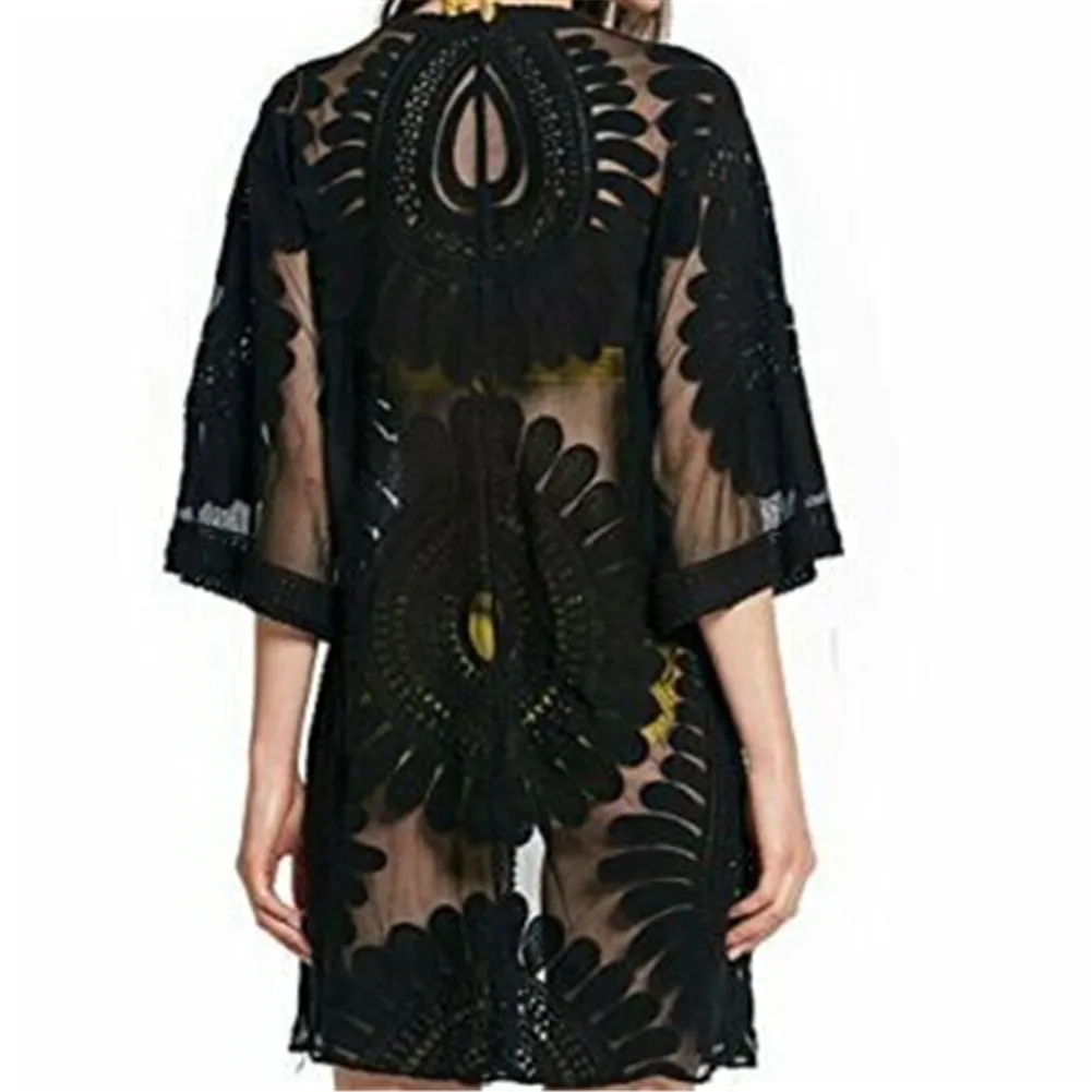 

Summer Women Lace Bikini Cover Up Floral Embroidery Kimono Cardigan Boho Long Cover Ups