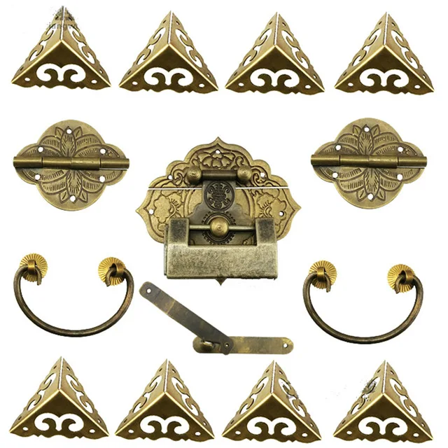 15Pcs Brass Hardware Set Antique Wooden Box Latch Hasp+Pull Handle+Hinges+Corner Protector+Old Lock Furniture Accessories