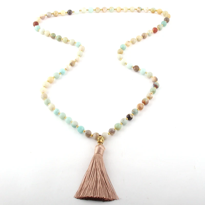Fashion Bohemian Tribal Beige Tassel Yoga Jewelry Amazonite Stone Buddha Necklace For Women Lariat Necklaces