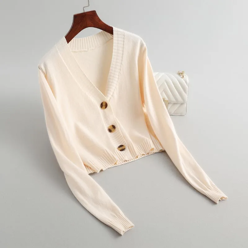 

J206 Women V Neck Three Buttons Short Design Cardigan Soft Solid Color Knitted Sweater Tops