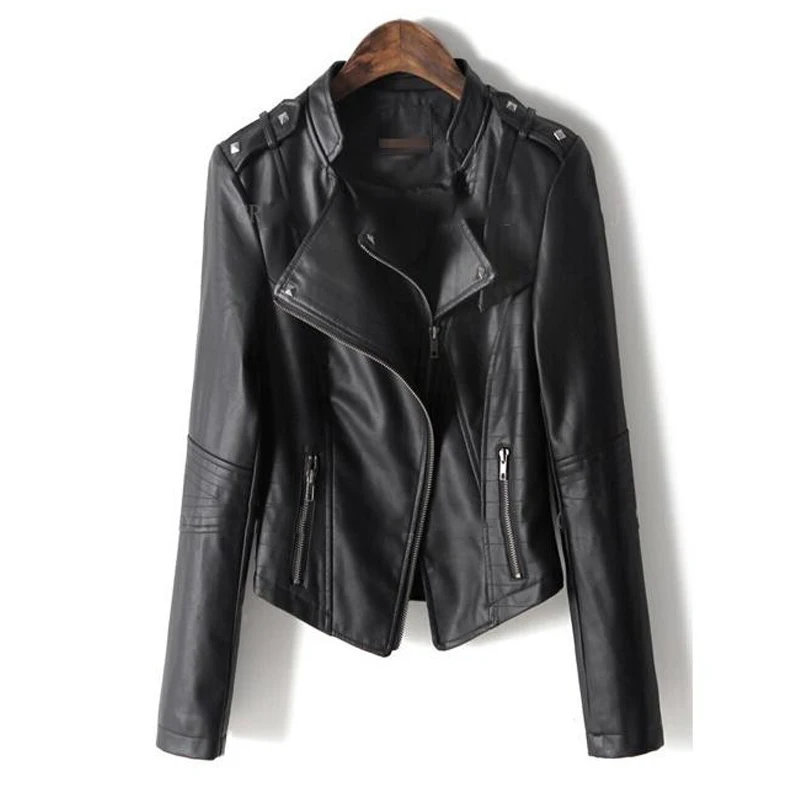 Motocycle Autumn Women Jacket Faux Leather Solid Black Slim Ladies Outwear Coat Short
