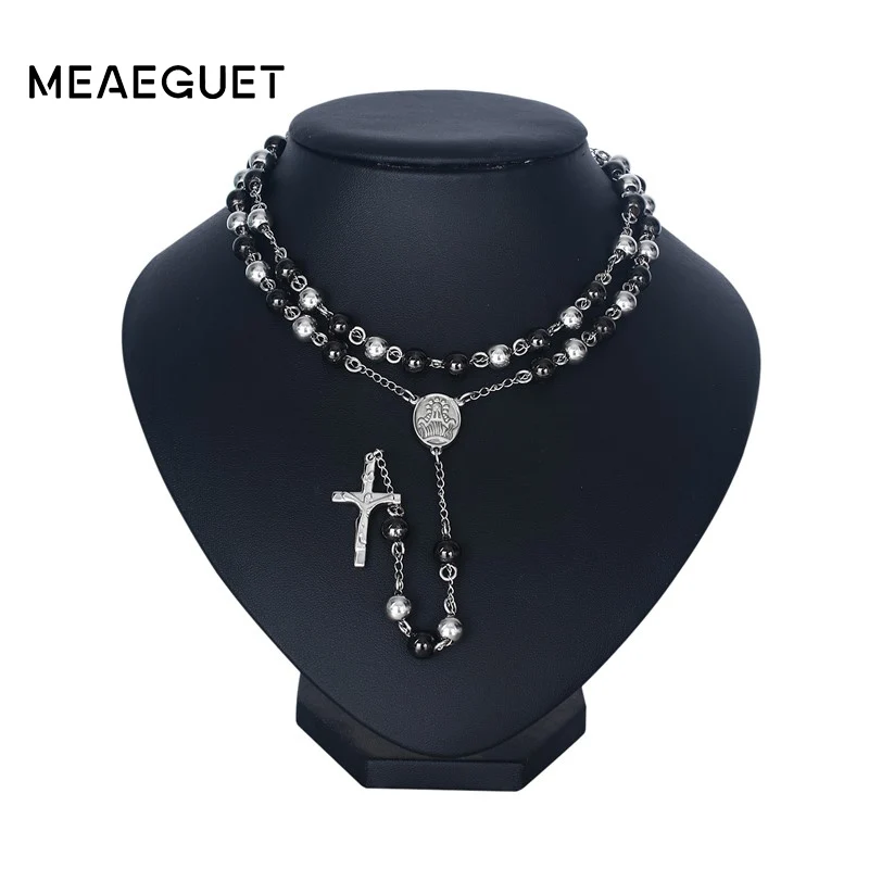 

Meaeguet Fashion Silver Color Long Rosary Necklace Stainless Steel Long Necklace Jewelry For Women
