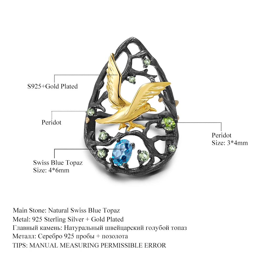 GEM'S балетные костюмы 925 пробы серебро ручной работы Птица на дереве кольцо с камнями 0.6Ct натуральный Швейцарский Голубой Топаз Кольца для женщин Bijoux
