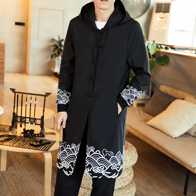 Chinese Mens Trench Coat Spring New Long Casual Overcoat Spray Print Hooded Male Big Size Trench Coat Windproof Homme Chinese Mens Trench Coat Spring New Long Casual Overcoat Spray Print Hooded Male Big Size Trench Coat Windproof Homme