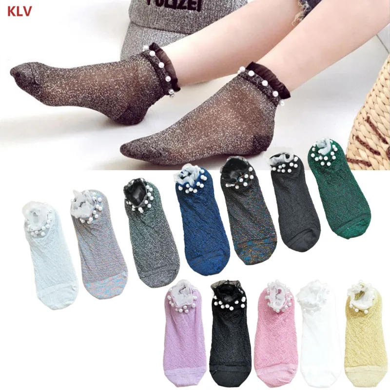 

KLV Women Transparent Socks Ultrathin Glass Silky Faux Pearl Short Ankle Socks Shiny