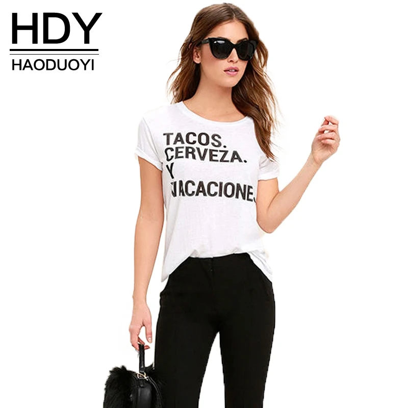 

HDY Haoduoyi Apparel 2019 New Women T-shirt Casual Letter Printed Loose Female Tees Streetwear Brief O-neck Lady Pullover Tops