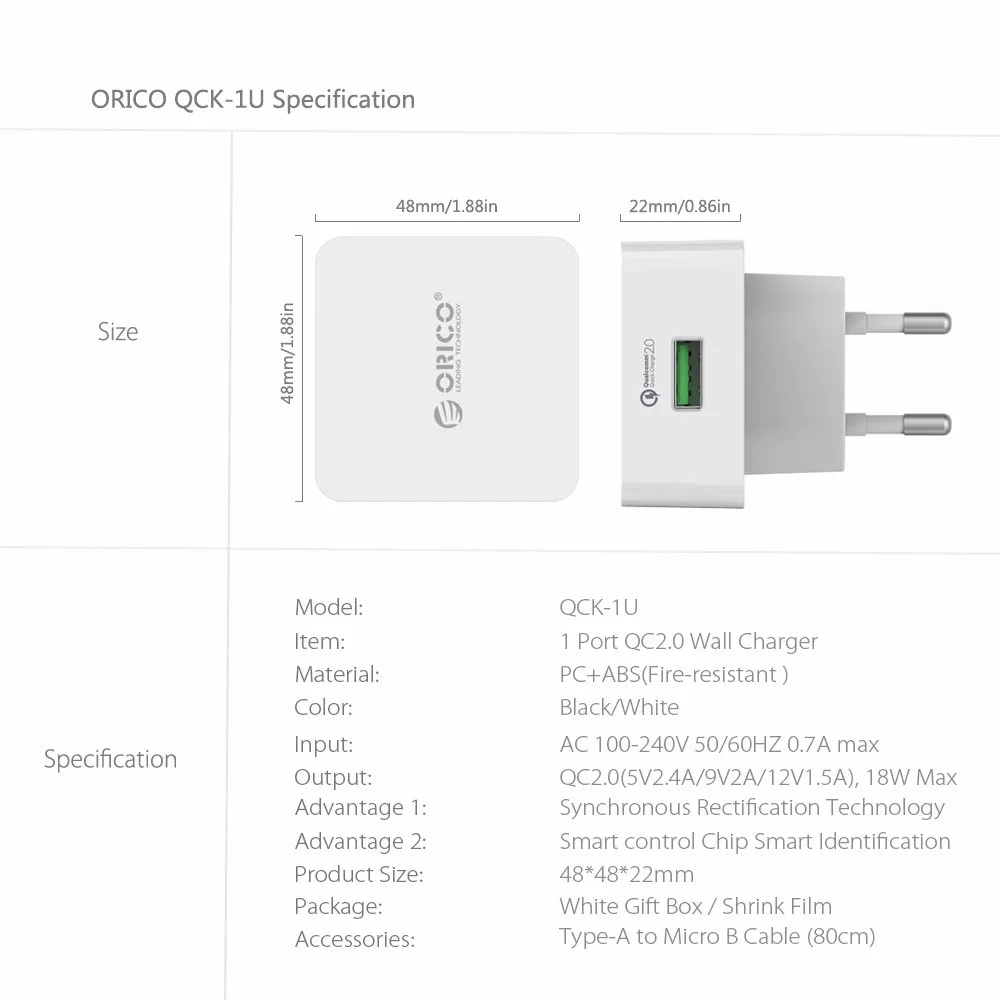 ORICO Быстрая зарядка QC 2,0 USB Мобильный телефон USB настенное настольное зарядное устройство с бесплатным микро USB кабелем для iPhone iPad samsung Xiaomi S8