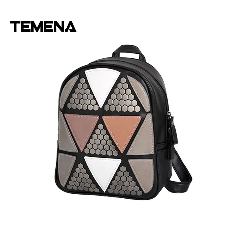 Temena 2017 New fashion Preppy Style Rivet Geometric Patchwork Rucksack Hotsale Ladies Travel Bag Student School
