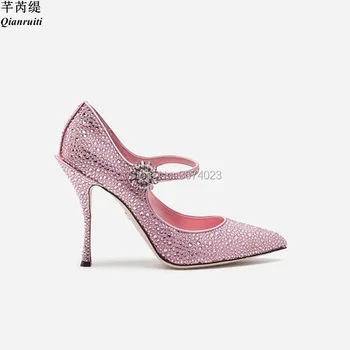 

Qianruiti Dress Women Pink Crystal Pumps Pointed Toe Diamonds Strap High Heels Brilliant Stiletto Shoes Bridal Wedding Heels