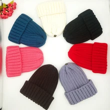 Однотонная вязаная шапка с пряжкой, зимние теплые шапки, шапочки для родителей и детей, Шерстяная трикотажная шапочка для мужчин, женщин, взрослых, детей, эластичная шляпа