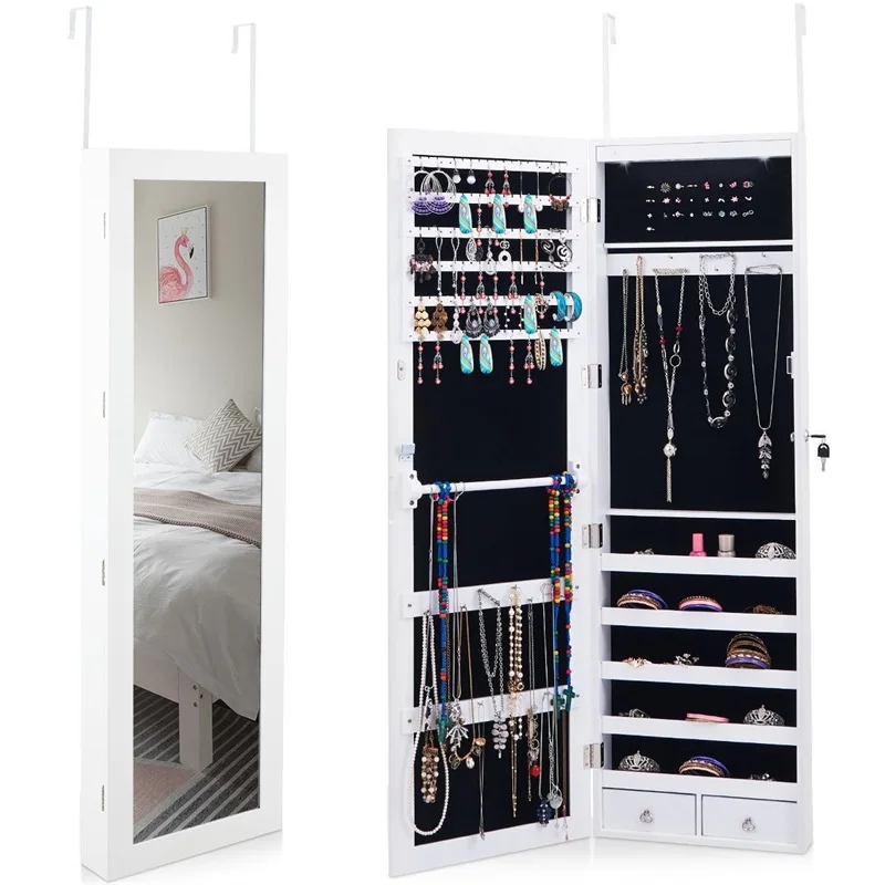 Wall Mounted Lockable Mirror Jewelry Cabinet With Led Light