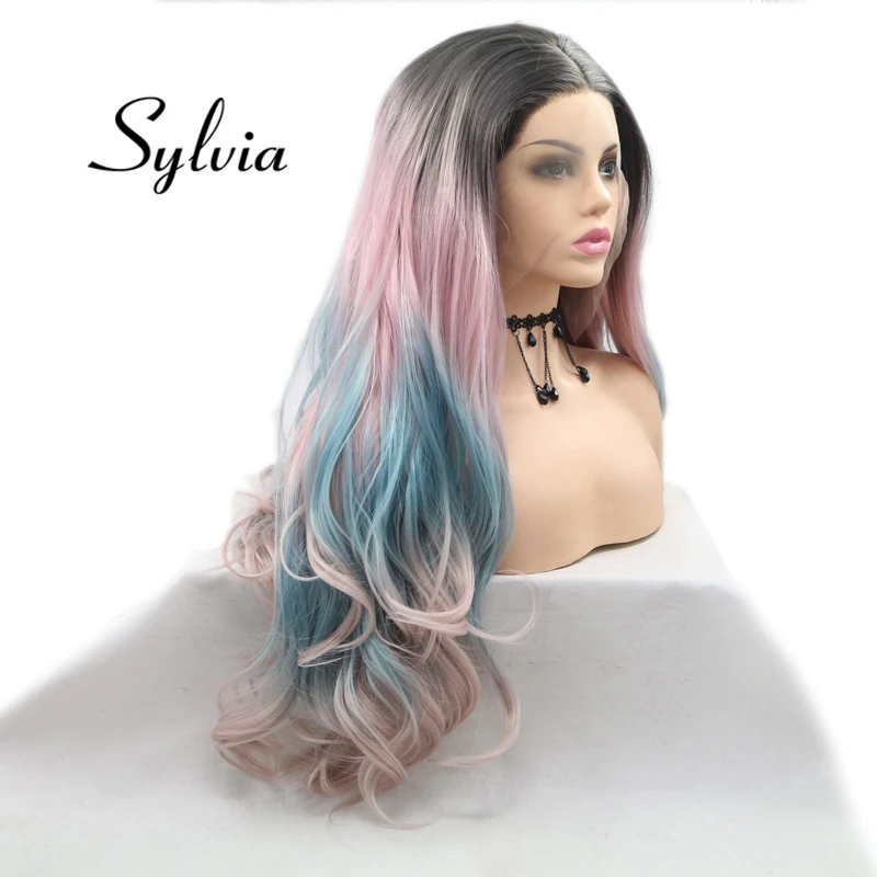 Sylvia Blue Pink Ombre Multi Colored Synthetic Lace Front Wigs With Dark Roots Natural Wave Heat Resistant Fiber Hair for Women