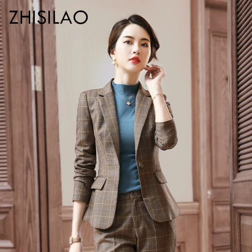 

Plaid Elegant Blazer Sets Women Suits Office Sets OL Plus Size Work Suit Jacket Lattice Blazer Coat+ Plaid Pants Two Piece Set