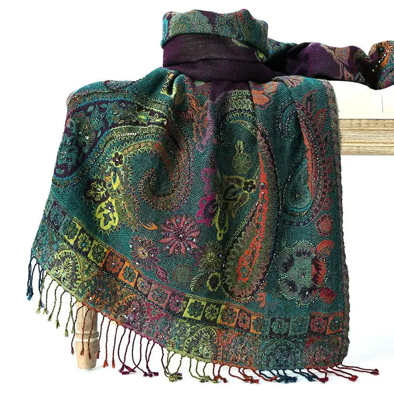 

Lady Exquisite Embroidery Floral Shawls Scarf Women Handmade Wool Nail Beads Wrap Pashmin Vintage Nepal National Style Chal