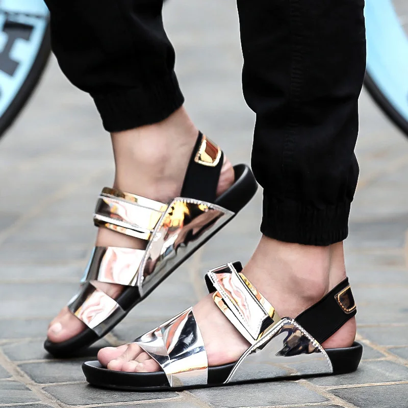 Золотые мужские пляжные повседневные летние сандалии с вырезами; обувь ...