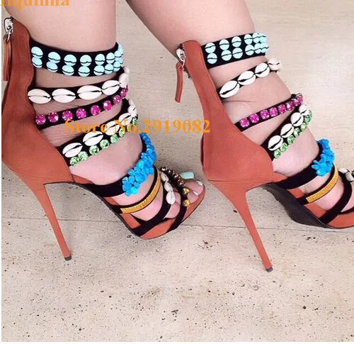 

Summer String Bead Rhinestone shell Mixed Colors Narrow Bands Women Sandals Back Zip Brown Suede Cover Heel High Heel Shoes