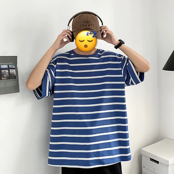 

2019 Summer Men's Schoolboy Fashion Trend Tshirt Stripe Printing Short Sleeve T Shirt Tide Cotton Clothes Loose T-shirt S-2XL