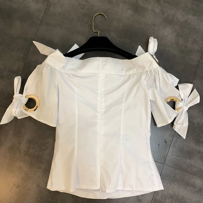

HIGH STREET Newest Fashion 2019 Designer Blouse Women's Rivet Lacing Bow Slash Neck Blouse Top