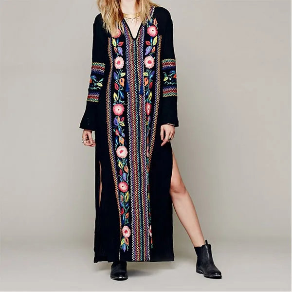 

Women Long Ethnic Vintage Flower Embroidery Cotton Loose Beach Hippie Long Dresses Boho People Side Long Sleeve Maxi Dress